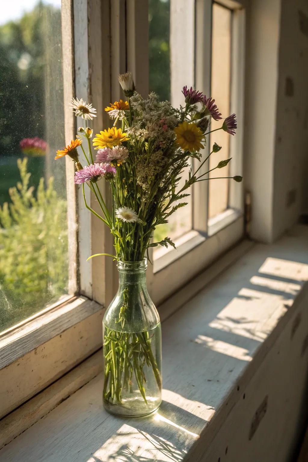 A glass bottle repurposed as a charming floral vessel.