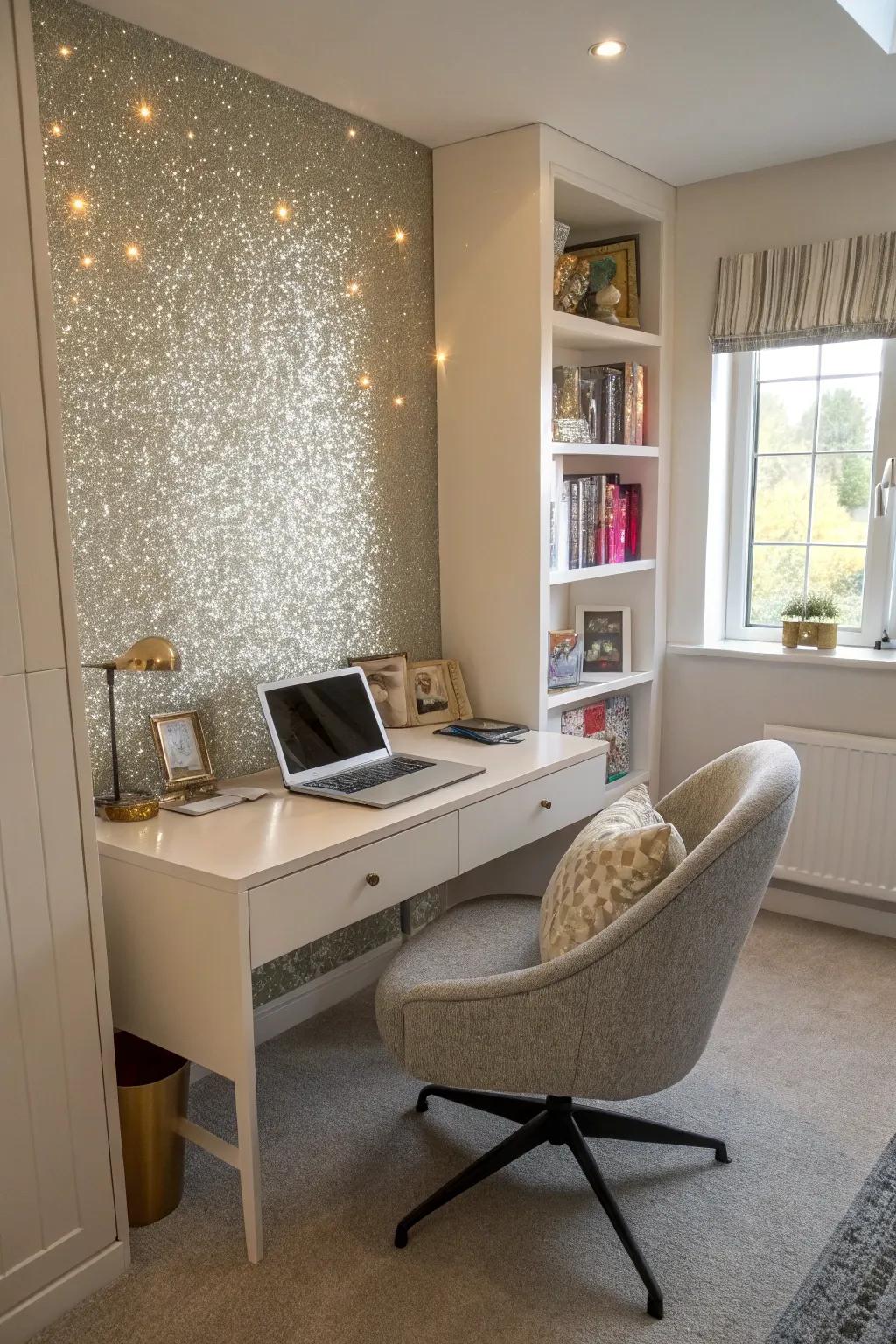 A <strong><em>glitter accent wall</em></strong> adds creativity to a home office.” loading=”lazy” class=”pimg”>
	</picture><figcaption>A <strong><em>glitter accent wall</em></strong> adds creativity to a home office.</figcaption></figure>
<p>Incorporate a dash of creativity to your home office by including a <strong><em>glitter accent wall</em></strong>. It can encourage productivity while making your workspace seem more dynamic.</p>
<h3>You might like:</h3>
<ul class=