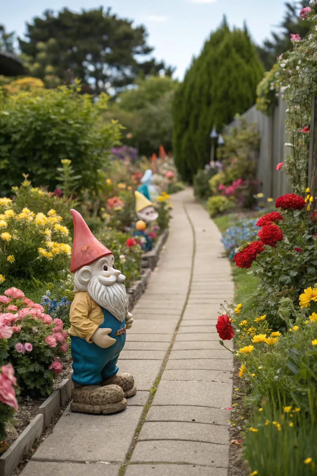 A delightful gnome procession enhancing a garden path.