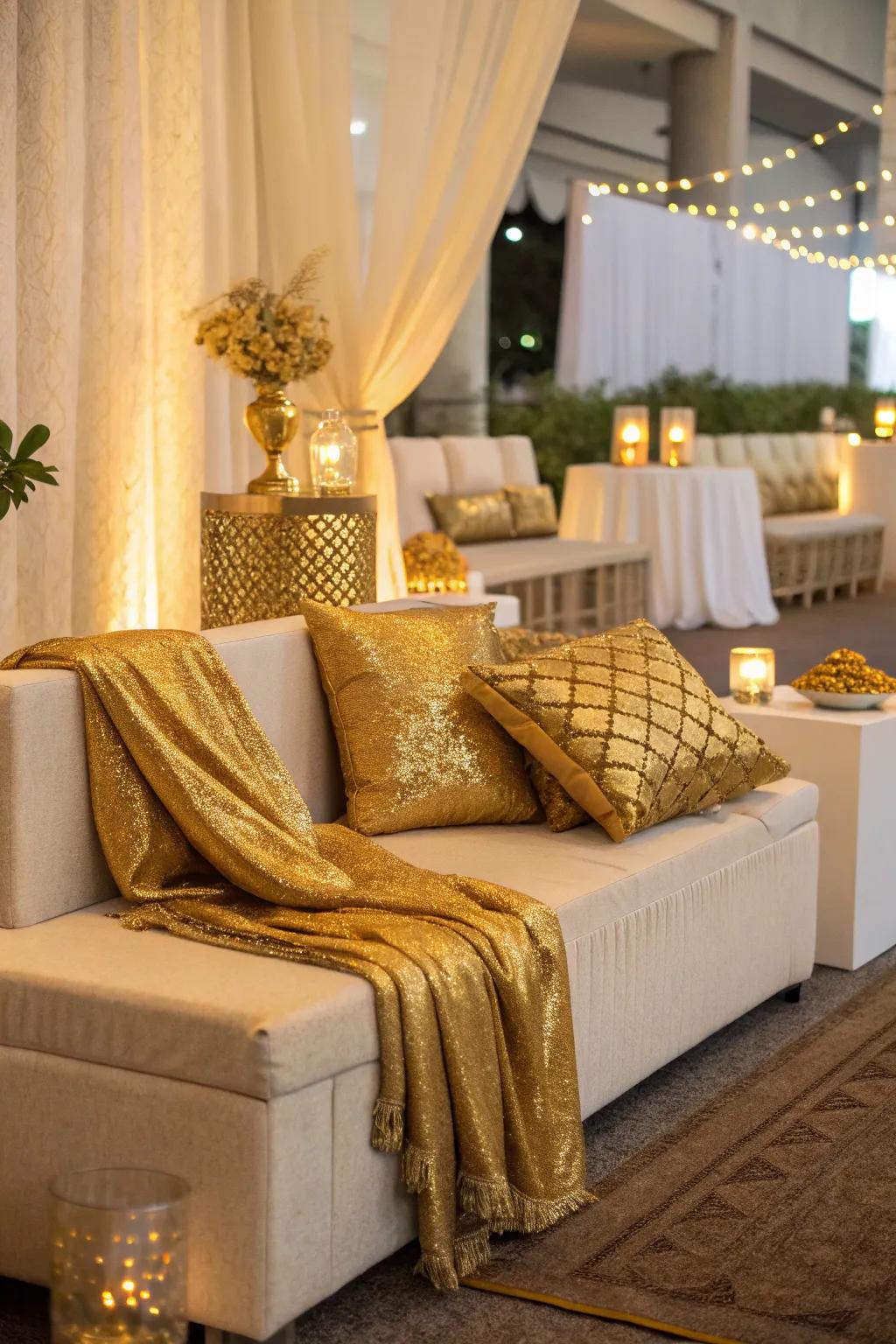 A chic lounging area adorned in gold for enhanced luxury.