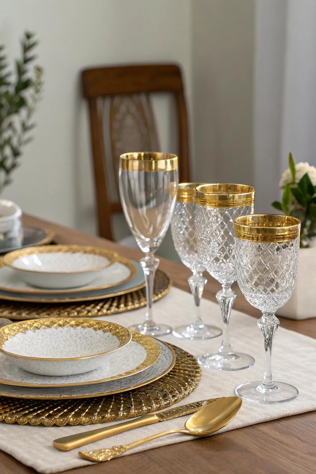 Extravagant gilded-edged glassware elevating the dining experience.