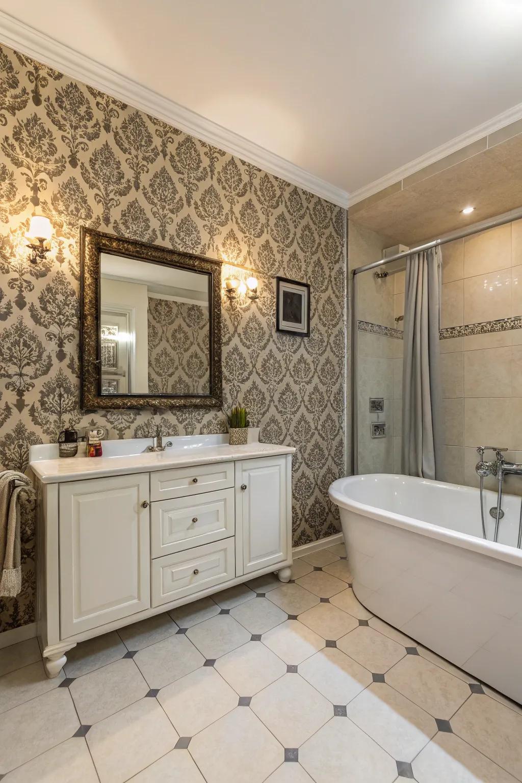 Elegant patterns inject a decorative flair to the gothic bathroom.