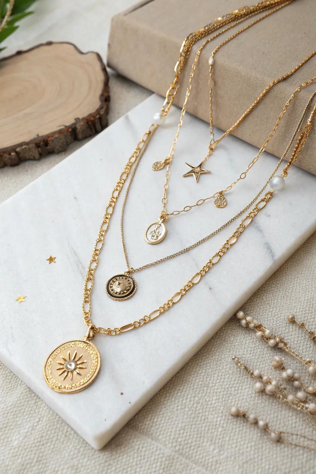 Stylish tiered necklaces boasting individualized elements.
