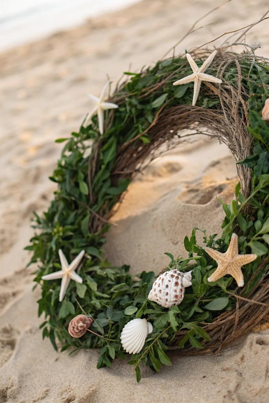 A coastal-inspired natural fiber wreath adorned with seashells.