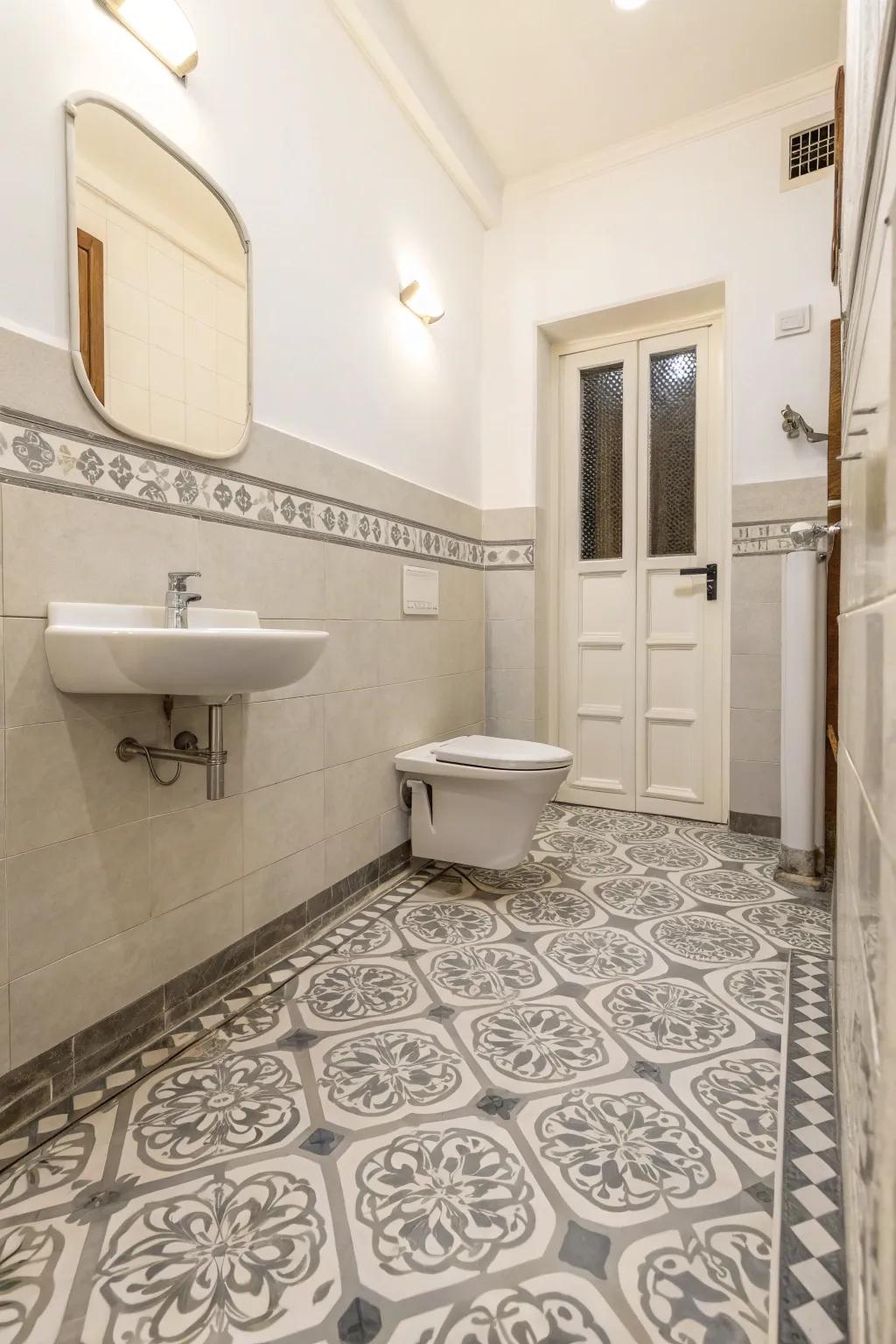 Patterned panels contribute a lively element to this bathroom design.