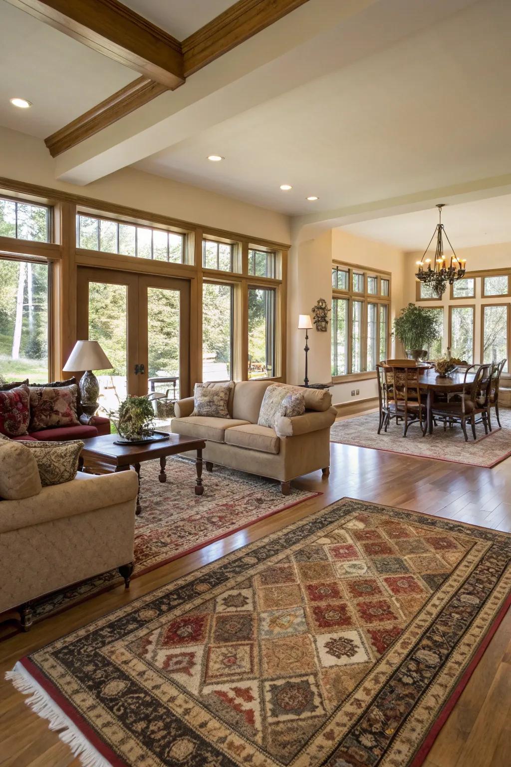Floor coverings add definition and comfort to the great room layout.