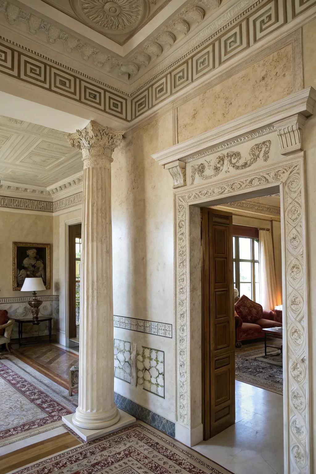 Stone and plaster textures give depth to Hellenic design.