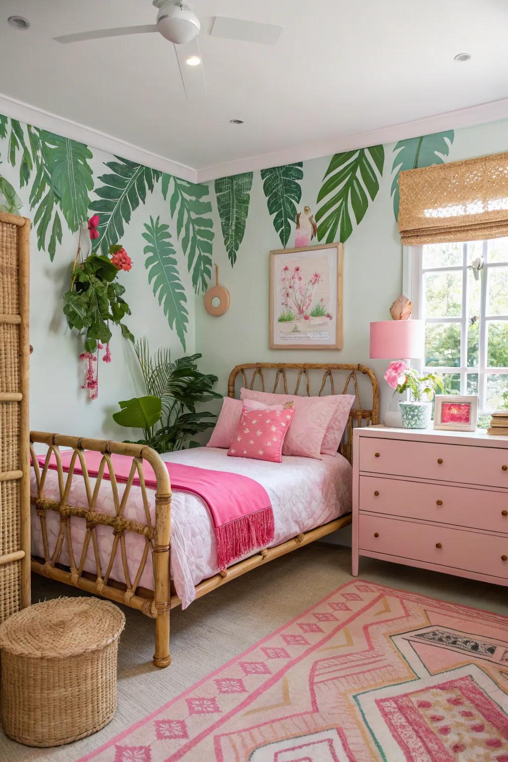 Exotic decor matched with rosy accents fashions a tranquil getaway.