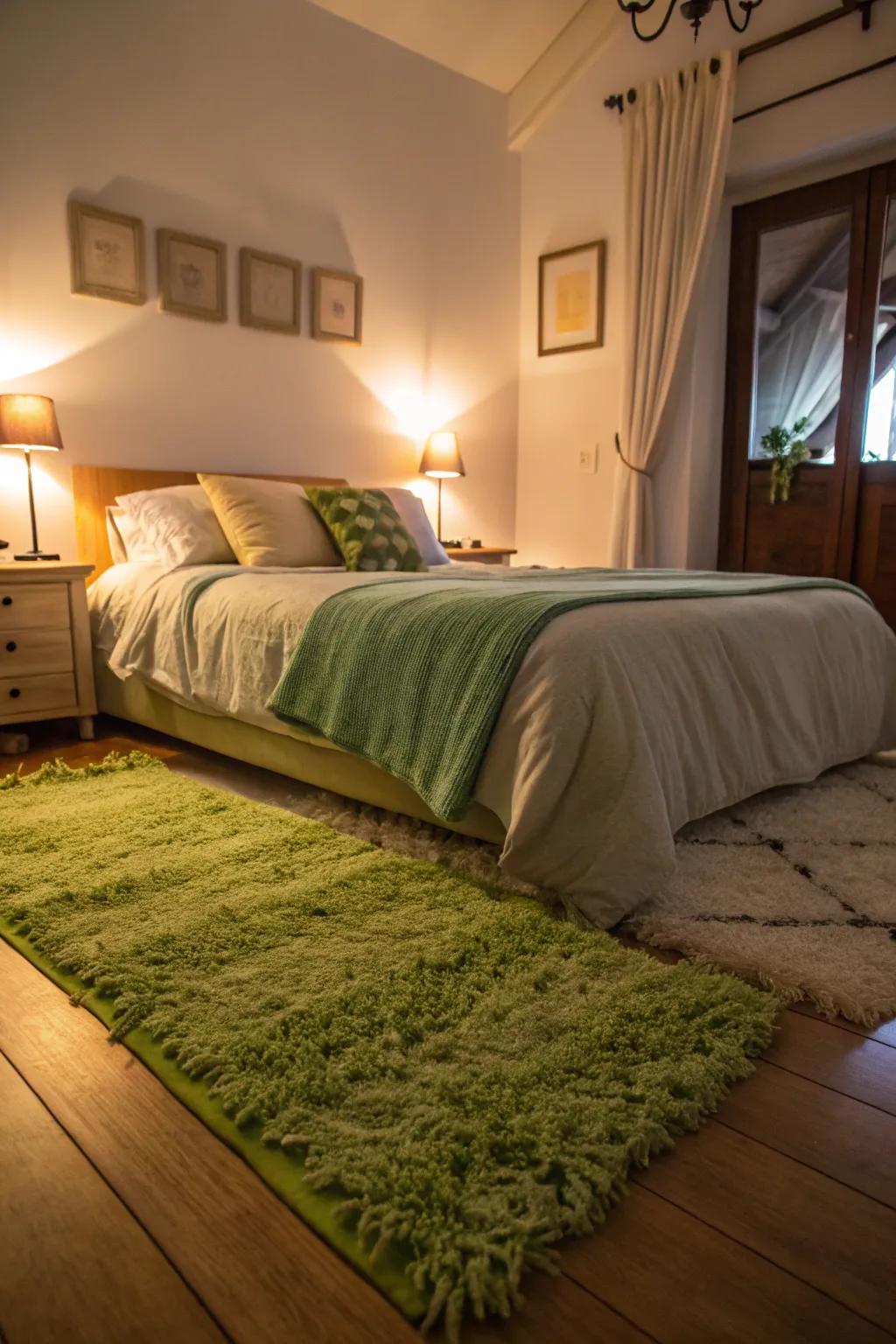 A green floor rug delivers both warmth and a sense of cohesion to this cosy bedroom.