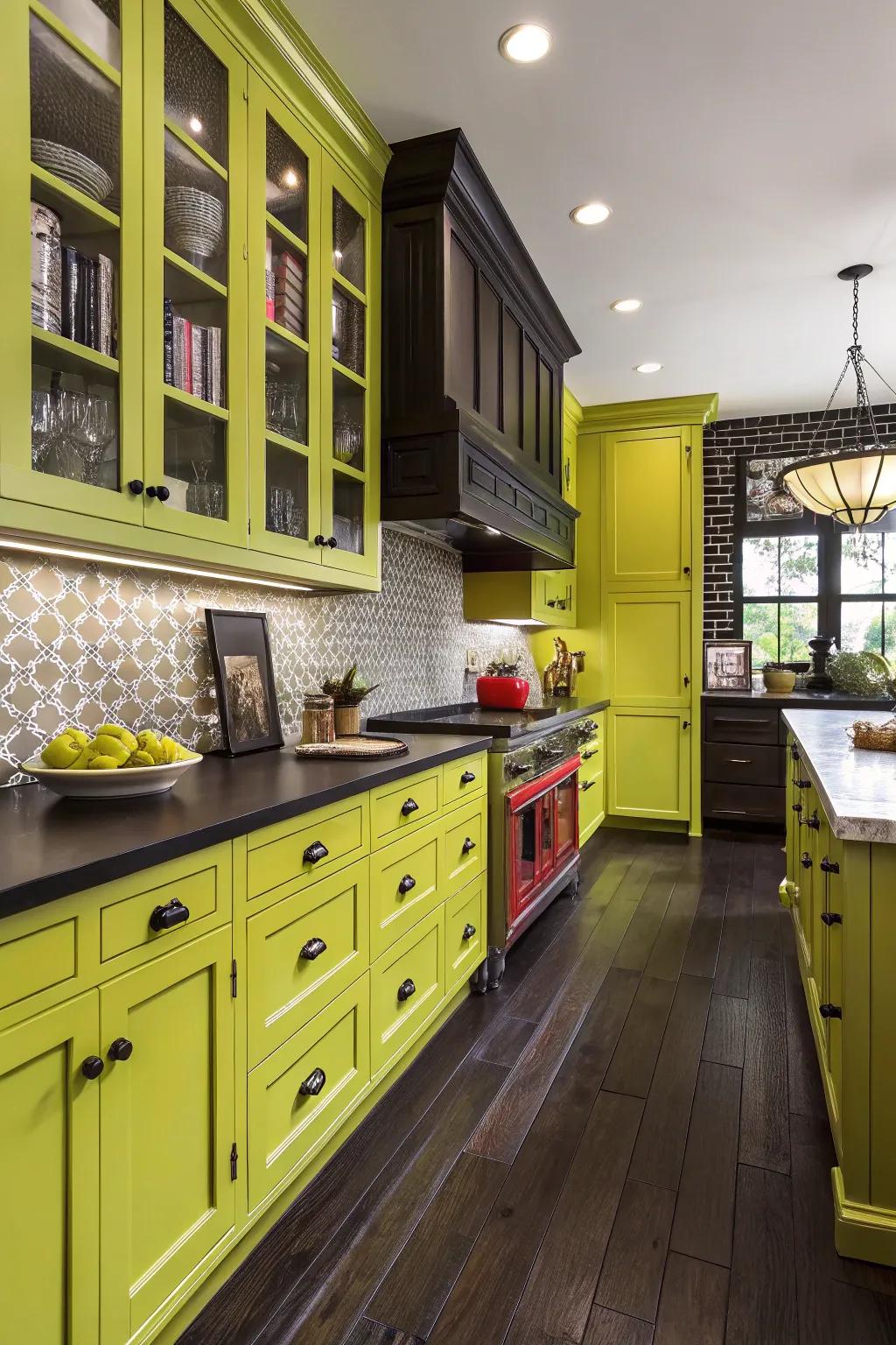 Audacious culinary space featuring lime zest cabinets and contrasting dark timber.