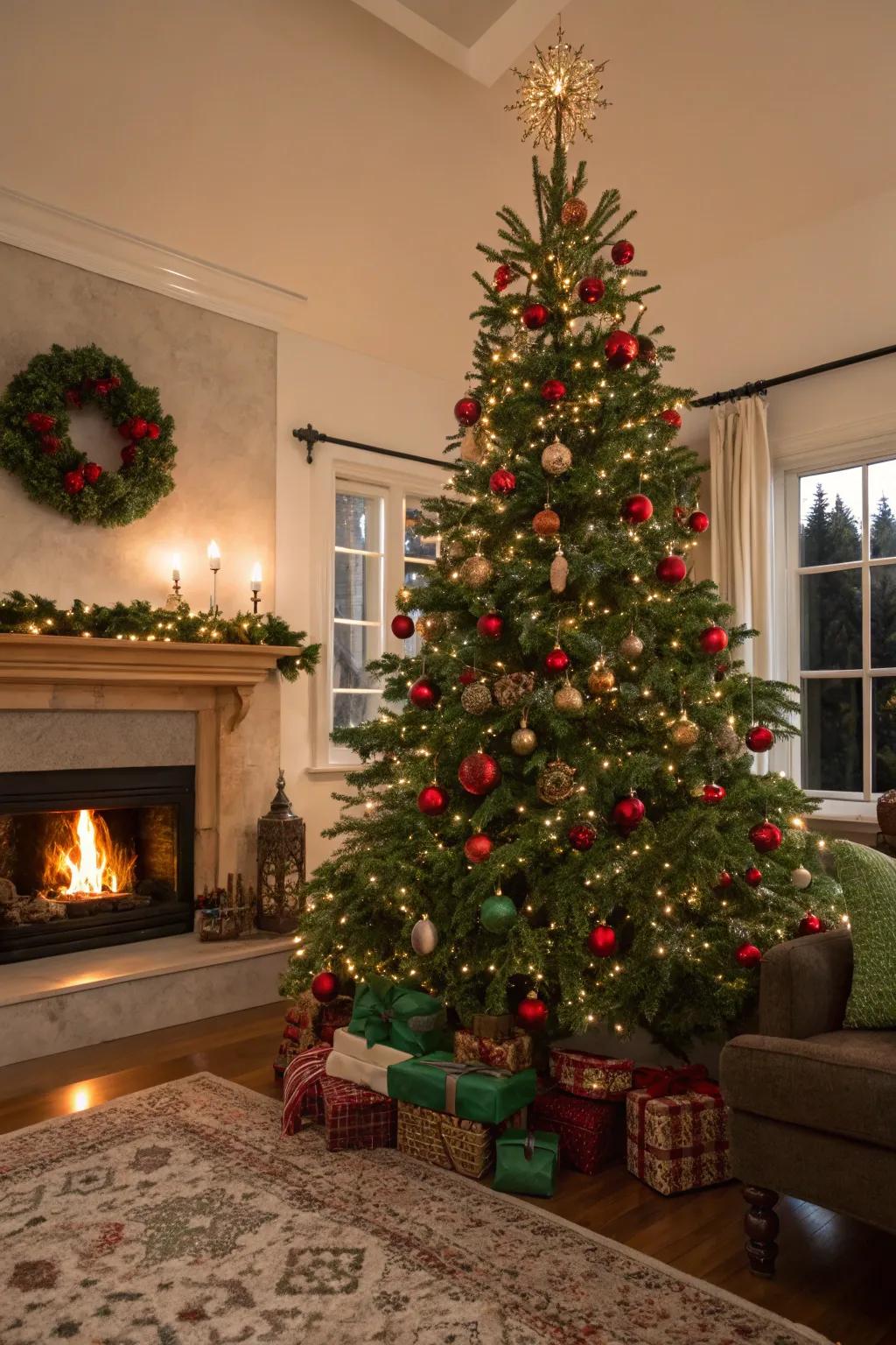 Traditional green and red ornaments for a classic Christmas.