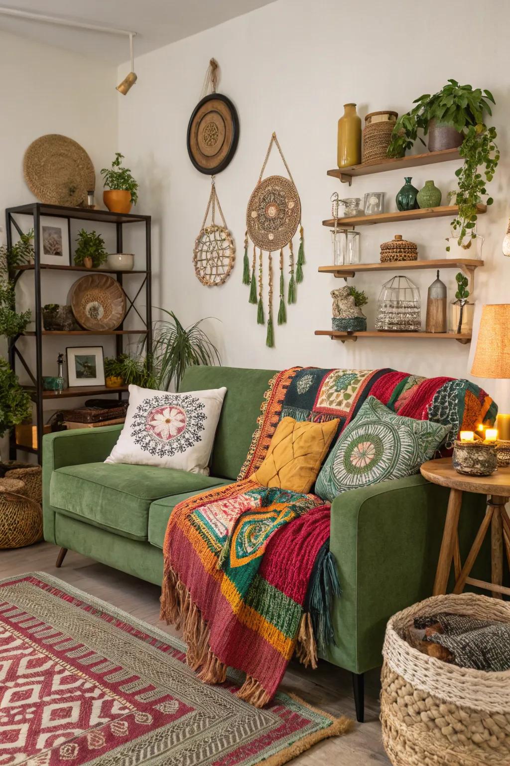 Bohemian touches introduce a laid-back and artistic atmosphere to a lounge.
