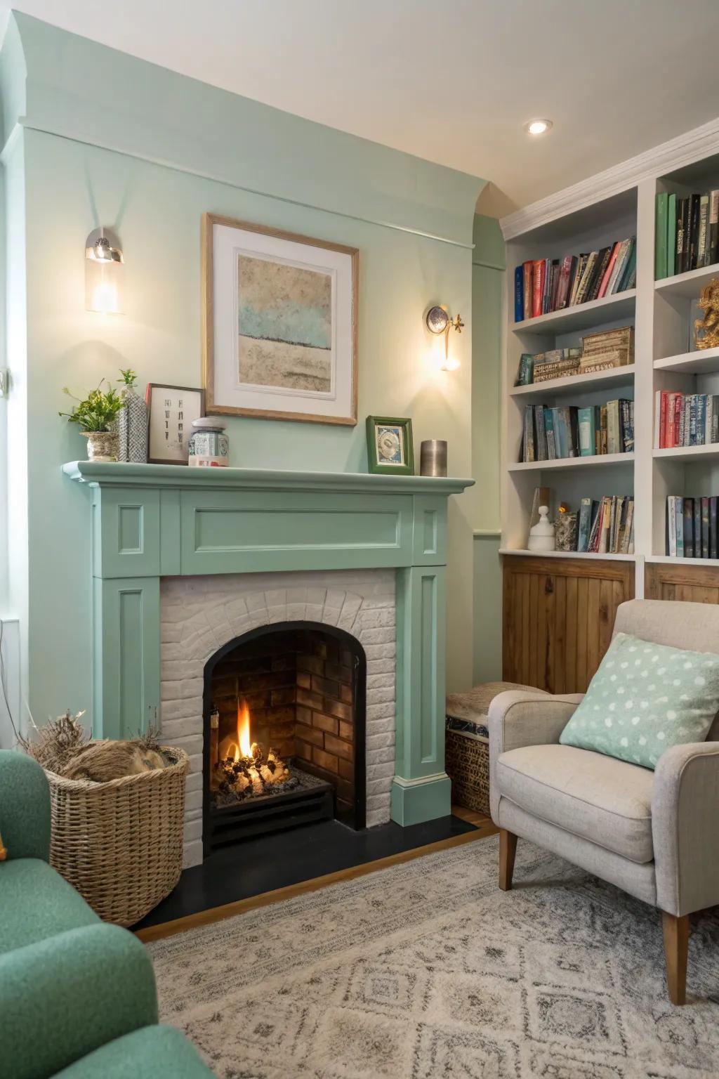 A bright and airy small room beautifully illuminated by a mint green fireplace.