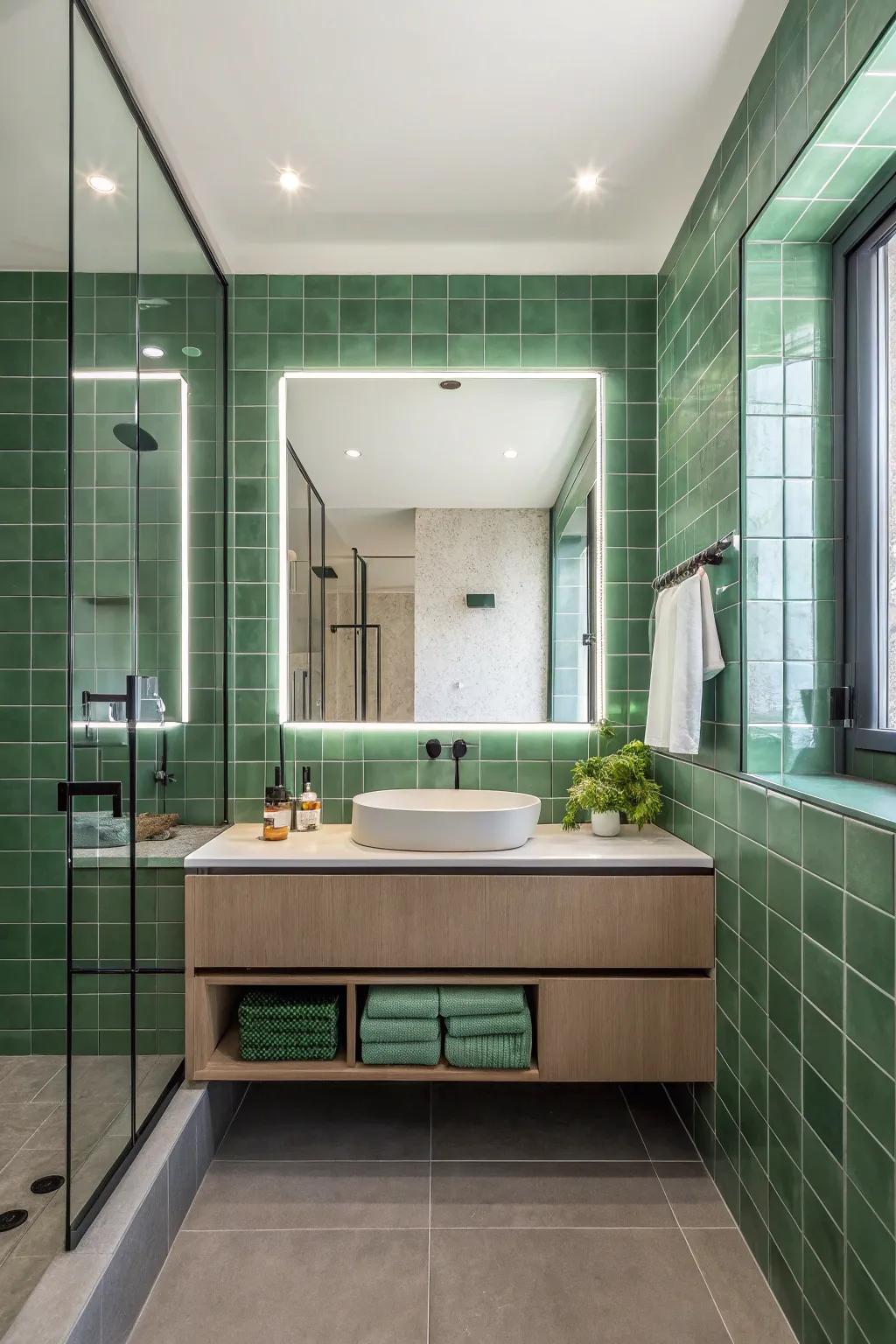 Green tiles and shiny surfaces form a spa-like bathroom retreat.