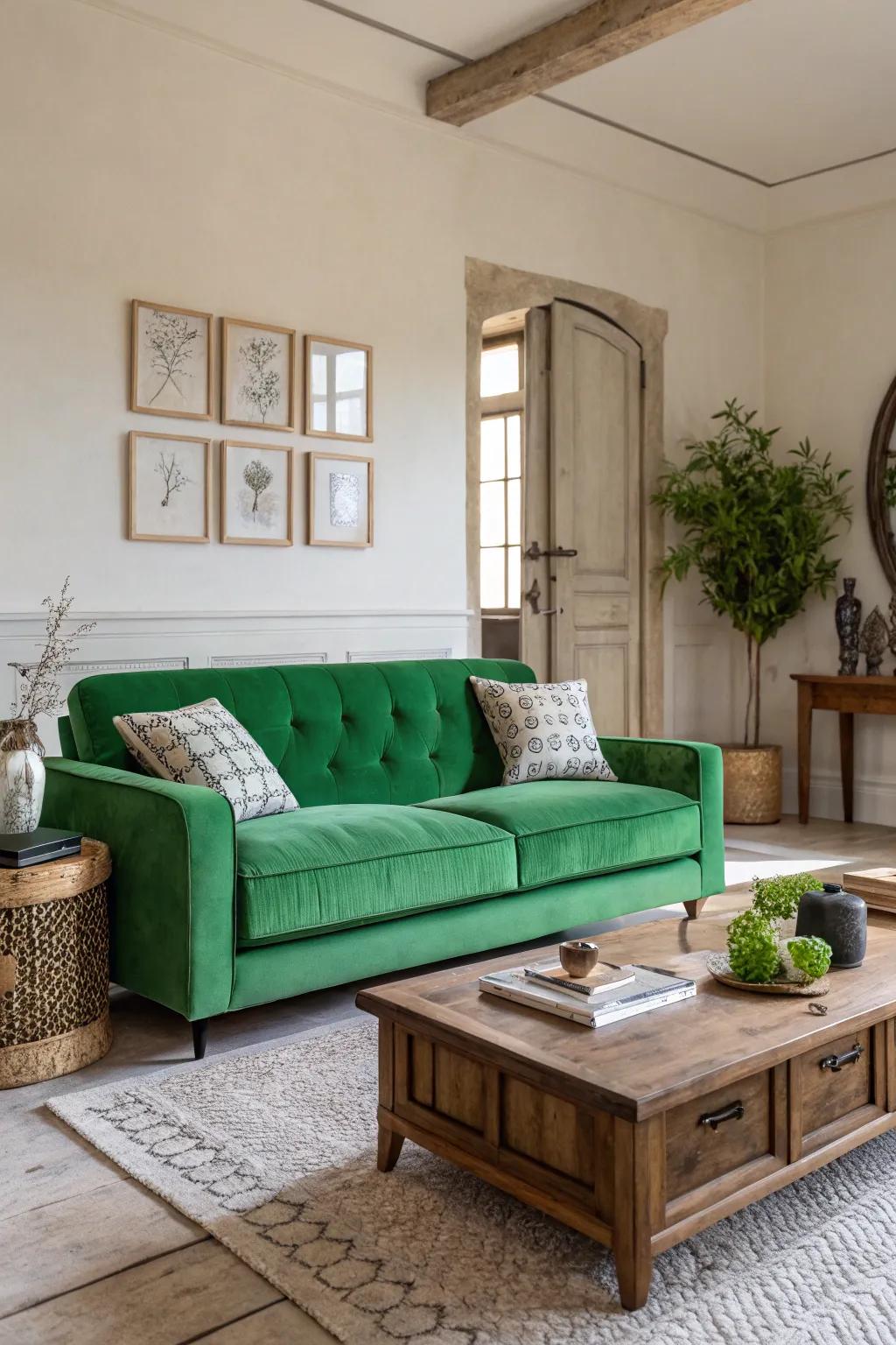 A verdant sofa serves as a captivating main attraction.