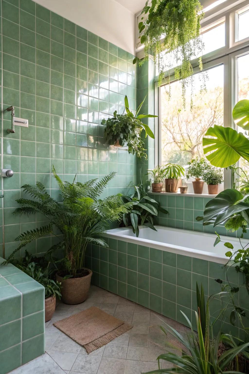 The <strong><em>green</em></strong> tile bathrooms’ clean appearance is improved by plants.” loading=”lazy” class=”pimg”>
	</picture><figcaption>The <strong><em>green</em></strong> tile bathrooms’ clean appearance is improved by plants.</figcaption></figure>
<p>For a revitalizing atmosphere, incorporate greenery into your bathroom’s design. I believe plants not only accentuate <strong><em>green</em></strong> tiles, but also enhance the atmosphere of peace and nature.</p>
<h3>A few helpful options:</h3>
<ul class=