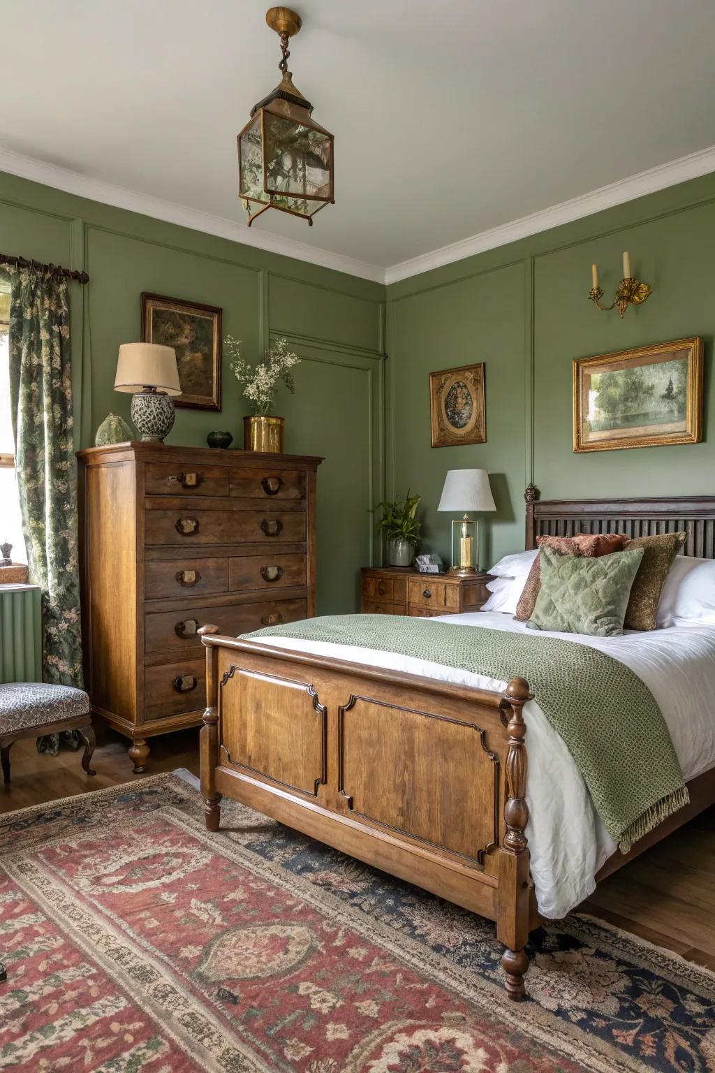 A vintage-inspired bedroom with khaki walls and elegant bronze touches.