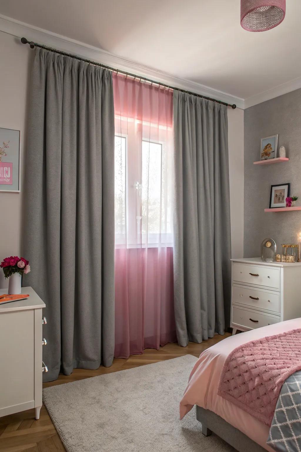 Grey curtains provide an elegant frame for windows, complementing pink accents.