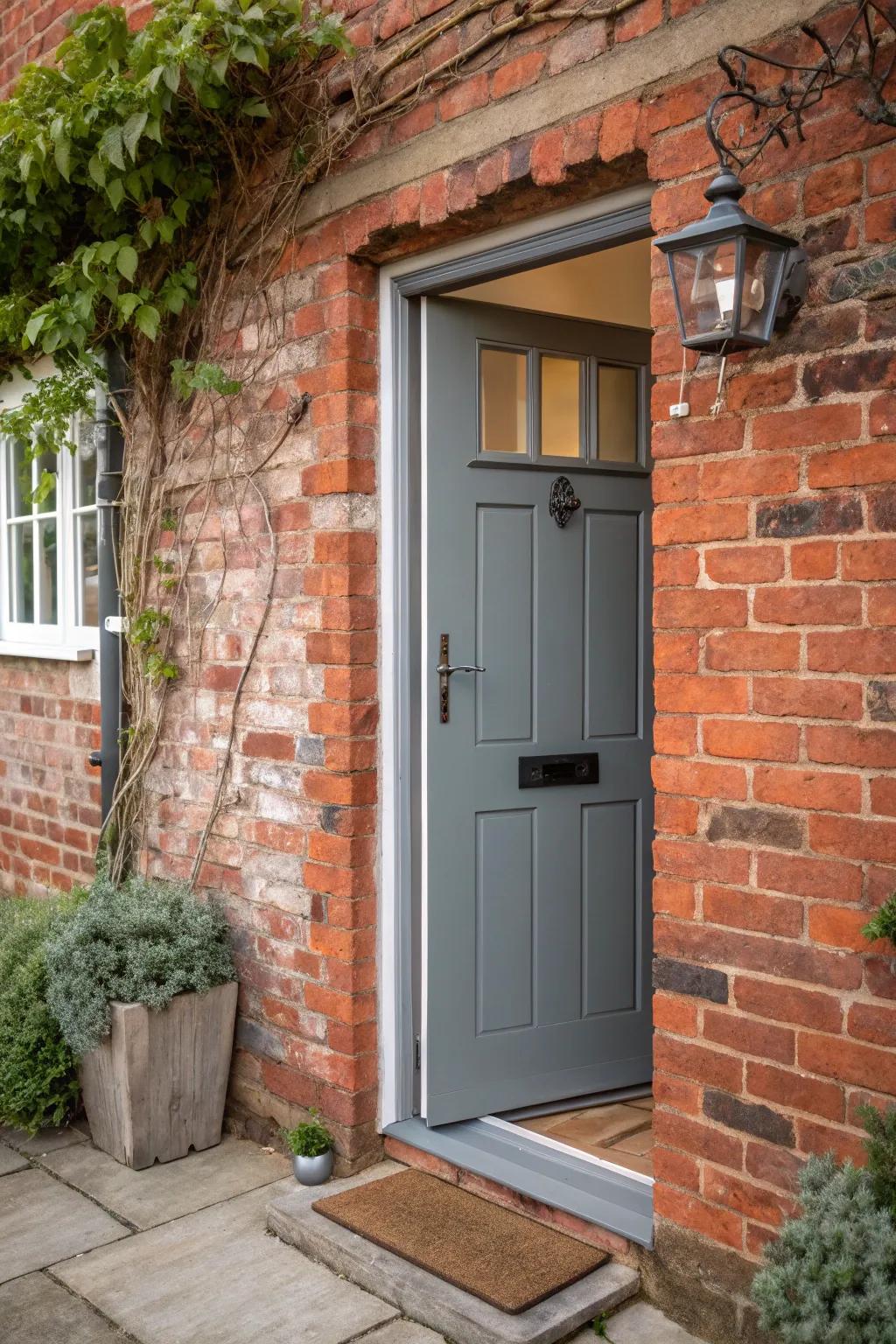 The contrast between the grey door and brick yields a captivating visual impact.