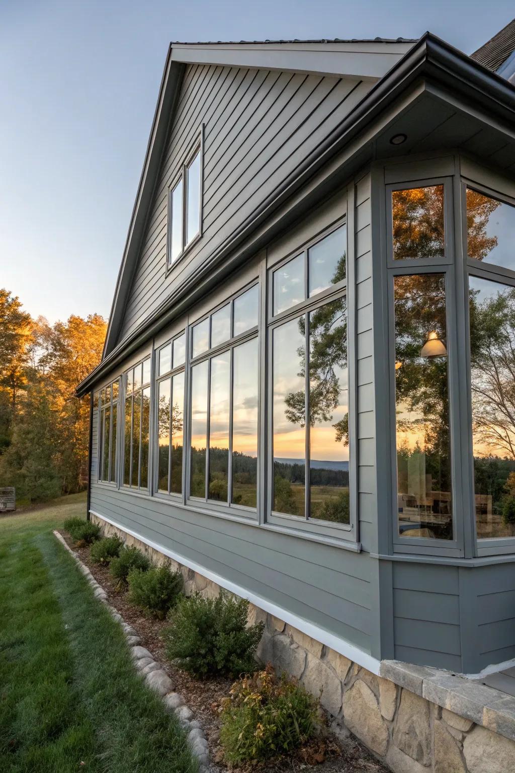 Brighter spaces with large windows and silver shades.