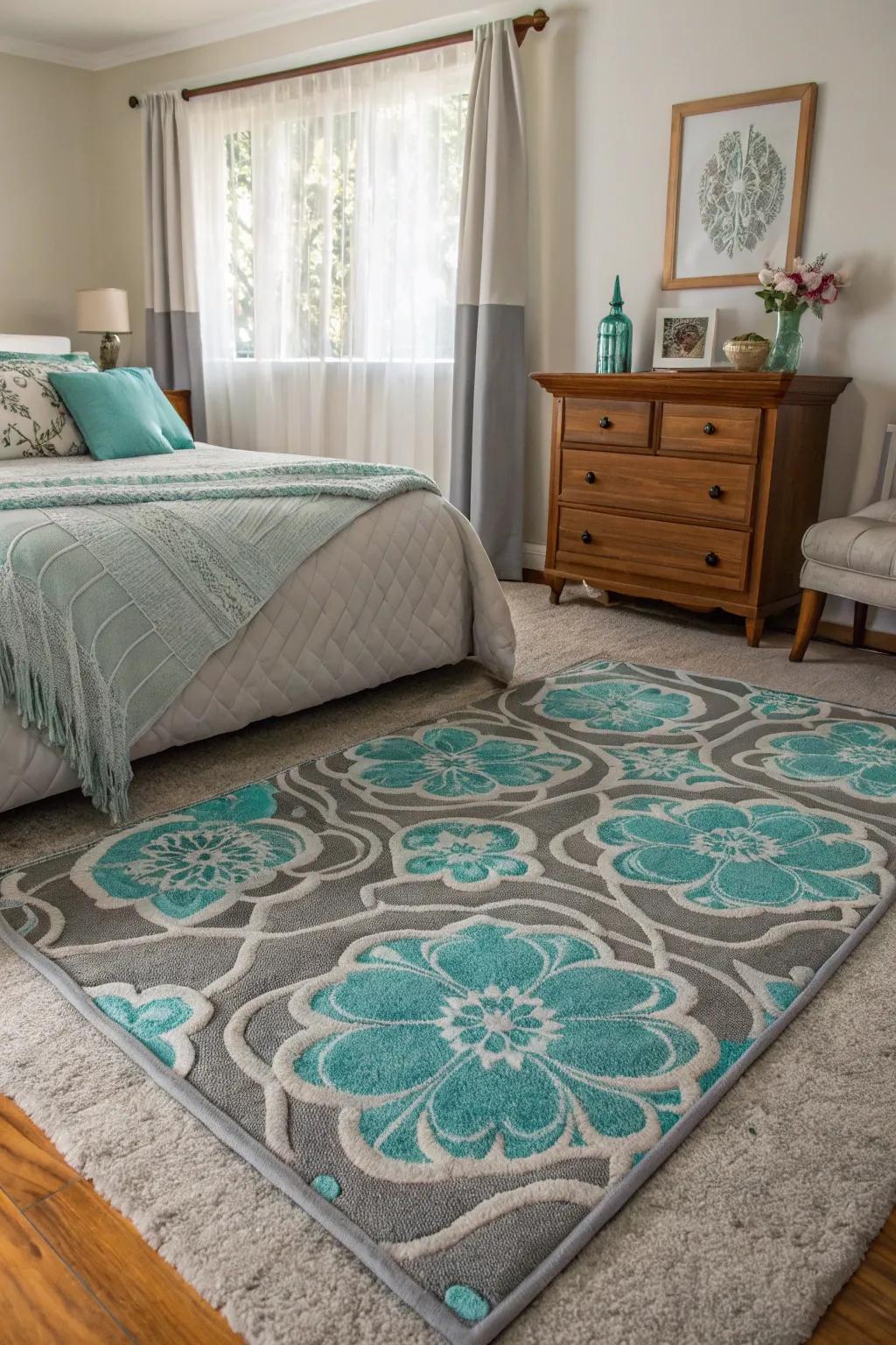 A patterned floor covering anchors the space with its cohesive design.
