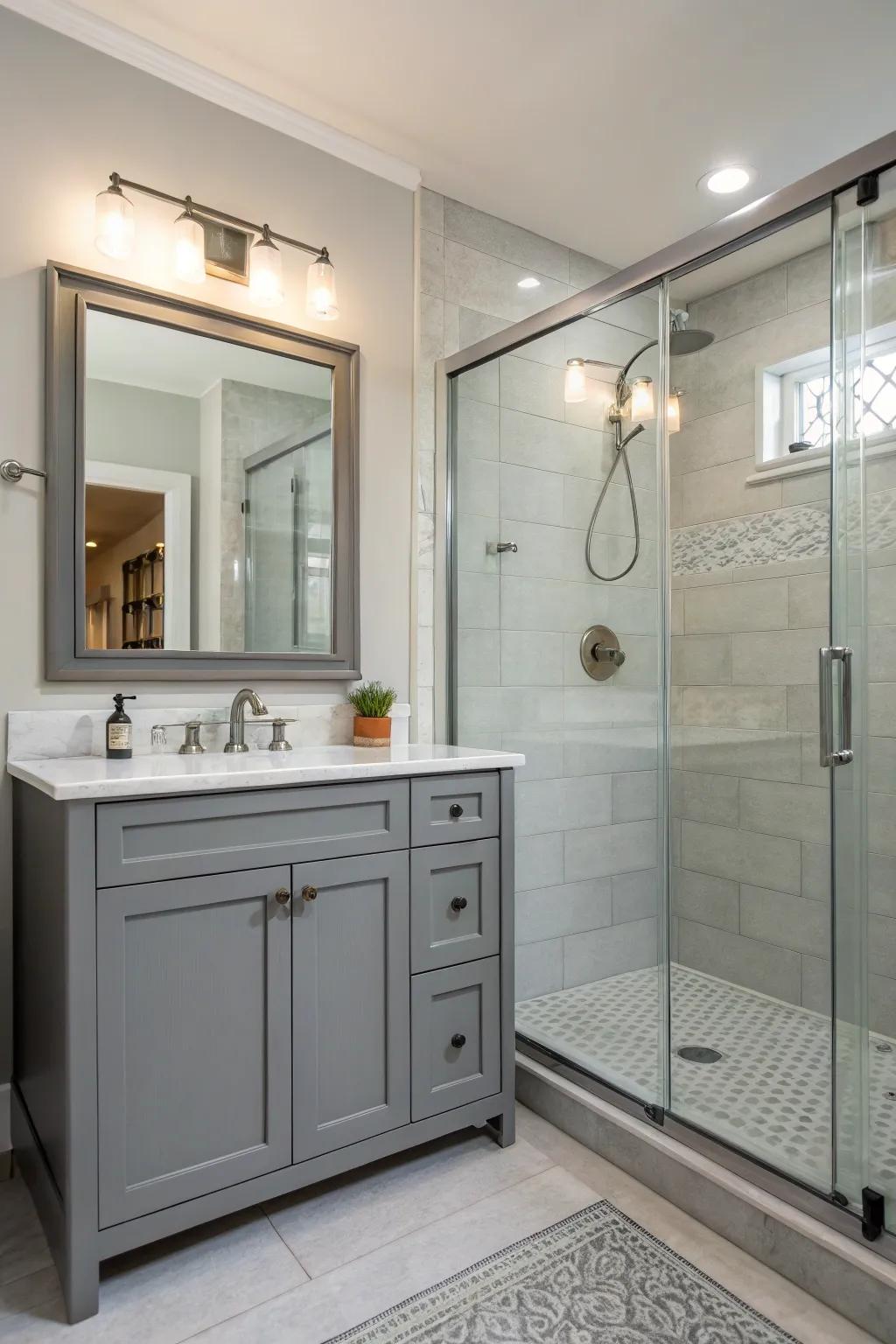Flawless integration of washstand and showering to get a tidy, expansive visual.