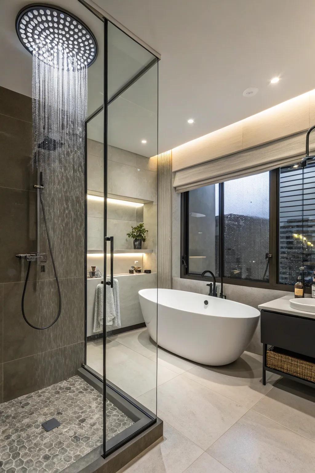 Luxurious features elevate this guest bathroom to a spa-like retreat.