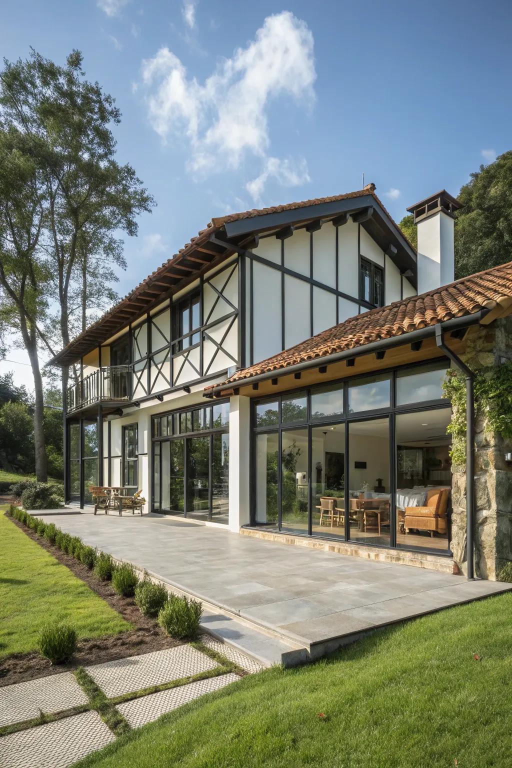 A guest house that blends different architectural features harmoniously.