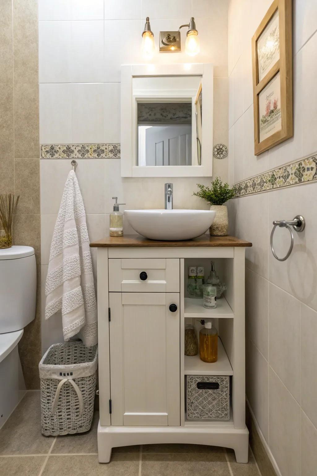 A small-scale vanity is suitable for small bathrooms.