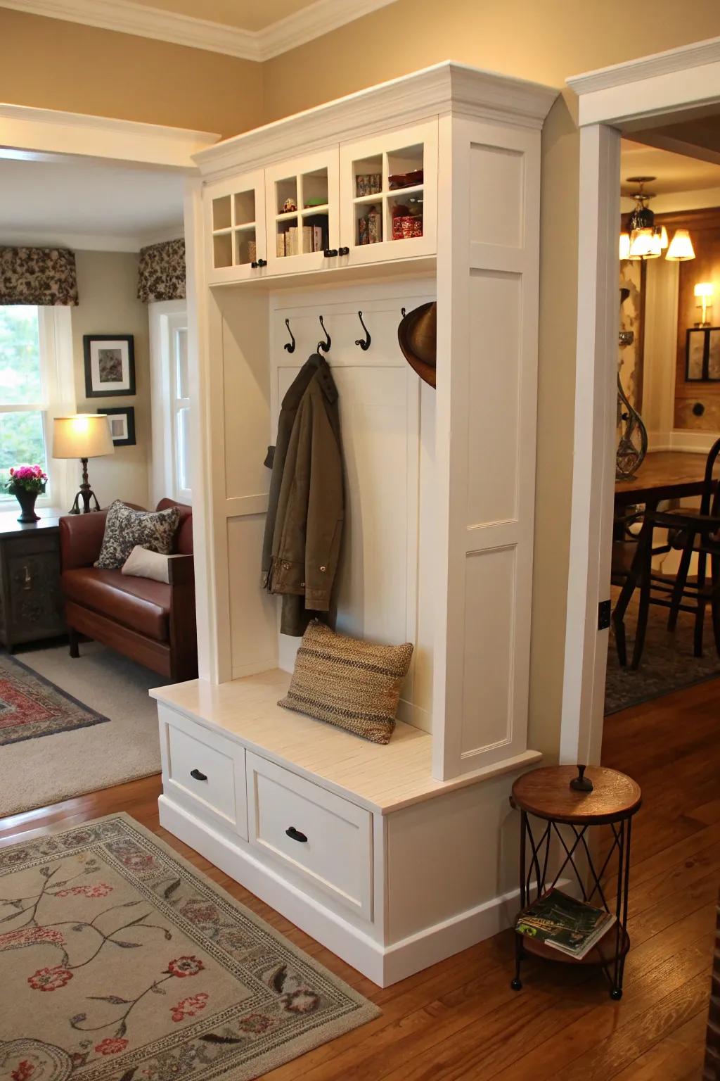 Employ every inch by using a compact corner hall tree.