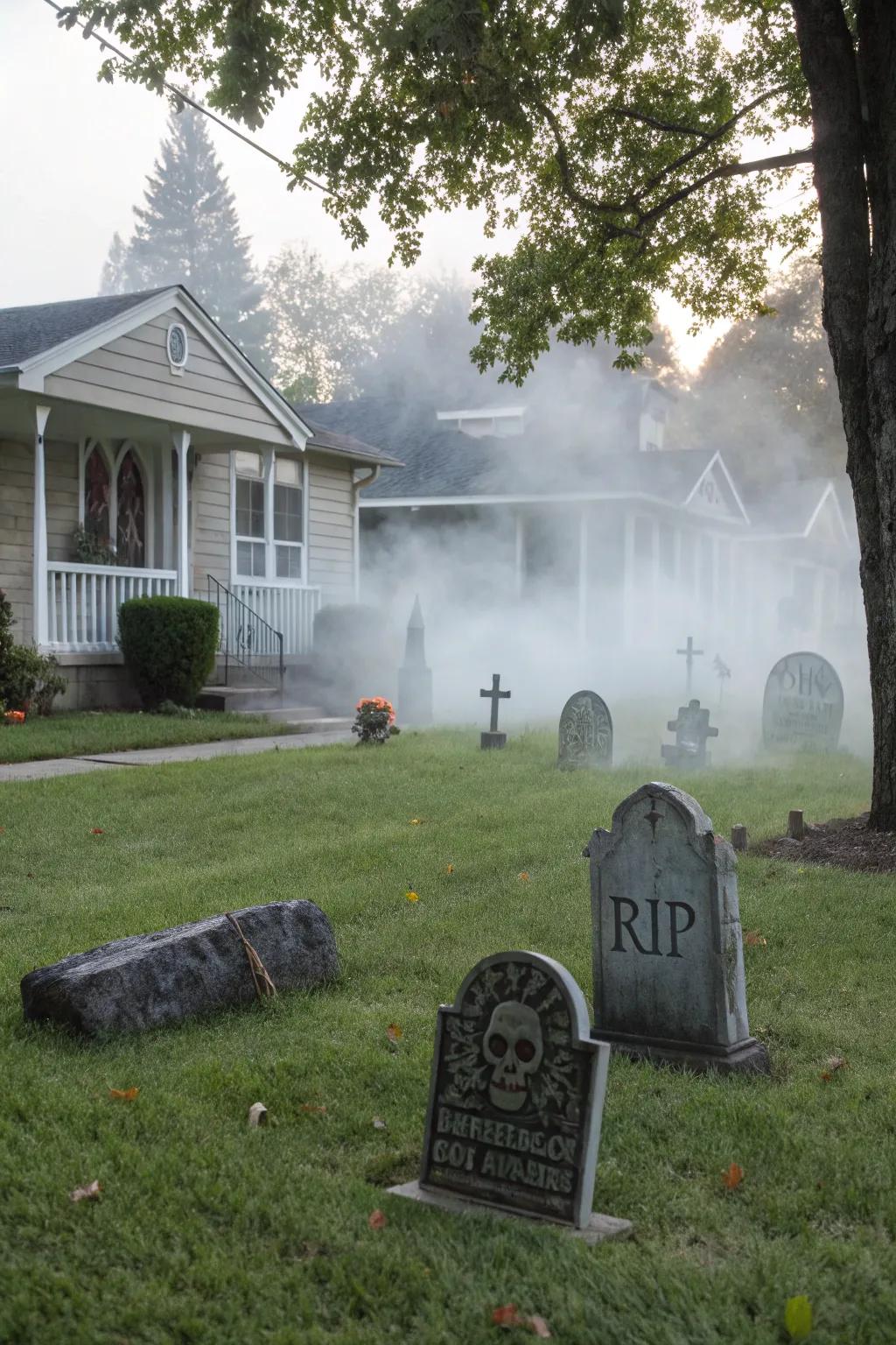 Create a haunting graveyard scene that captures the Halloween spirit.