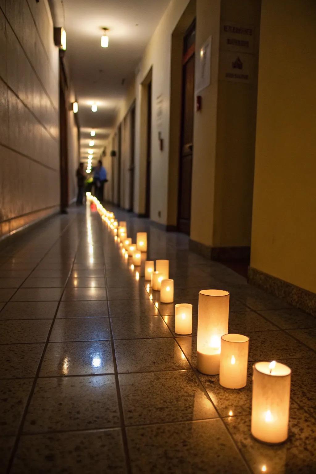 Shimmering lights create a ghostly pathway.