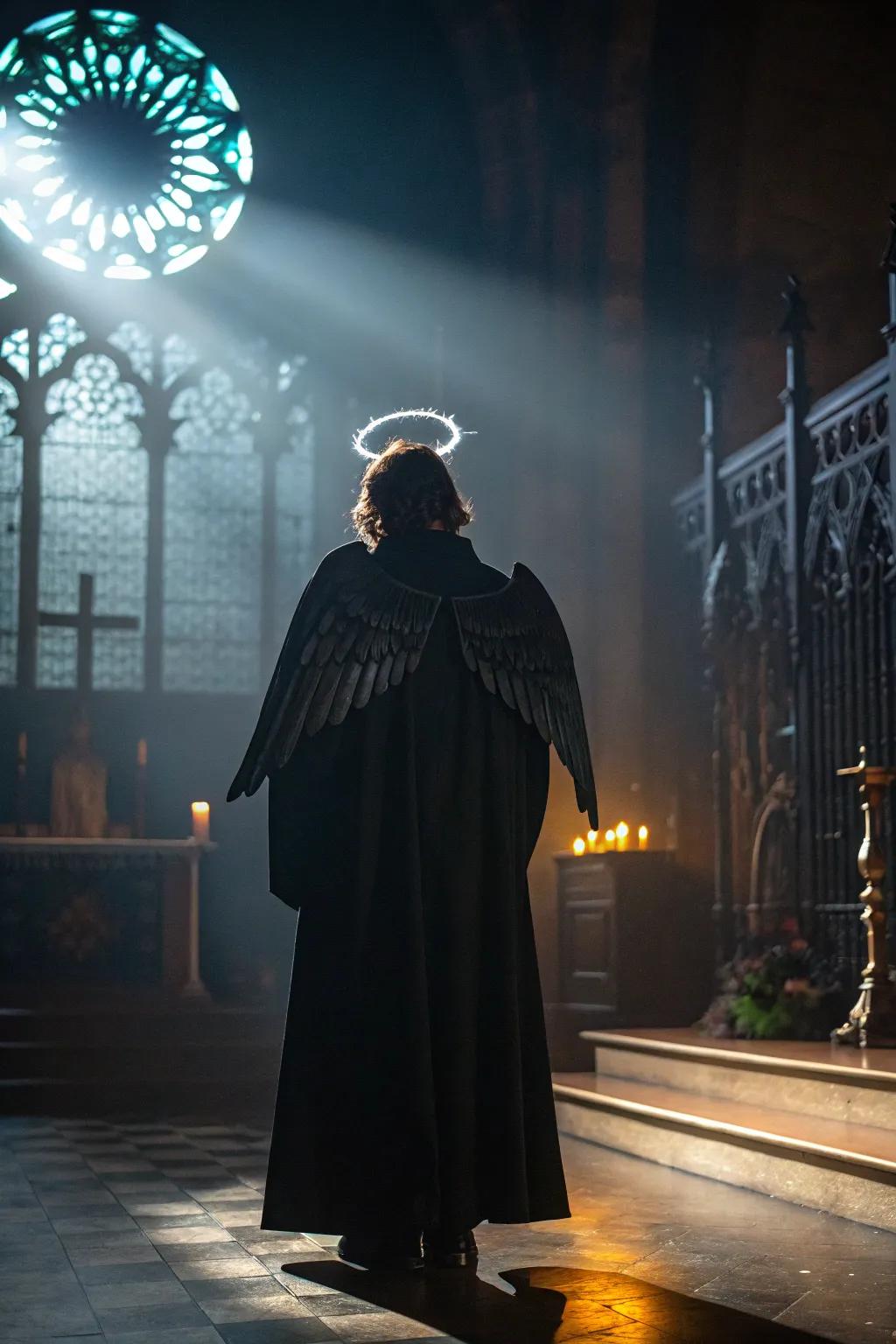 A shadowy angel gown presents an intriguing mix of light and shade.