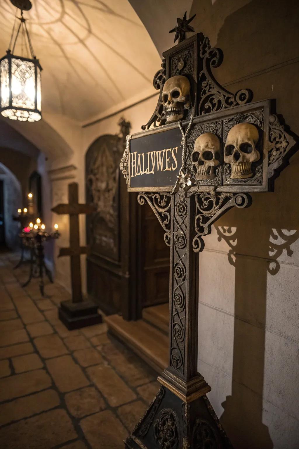 Gothic beauty featuring a Halloween placard and skull motifs.