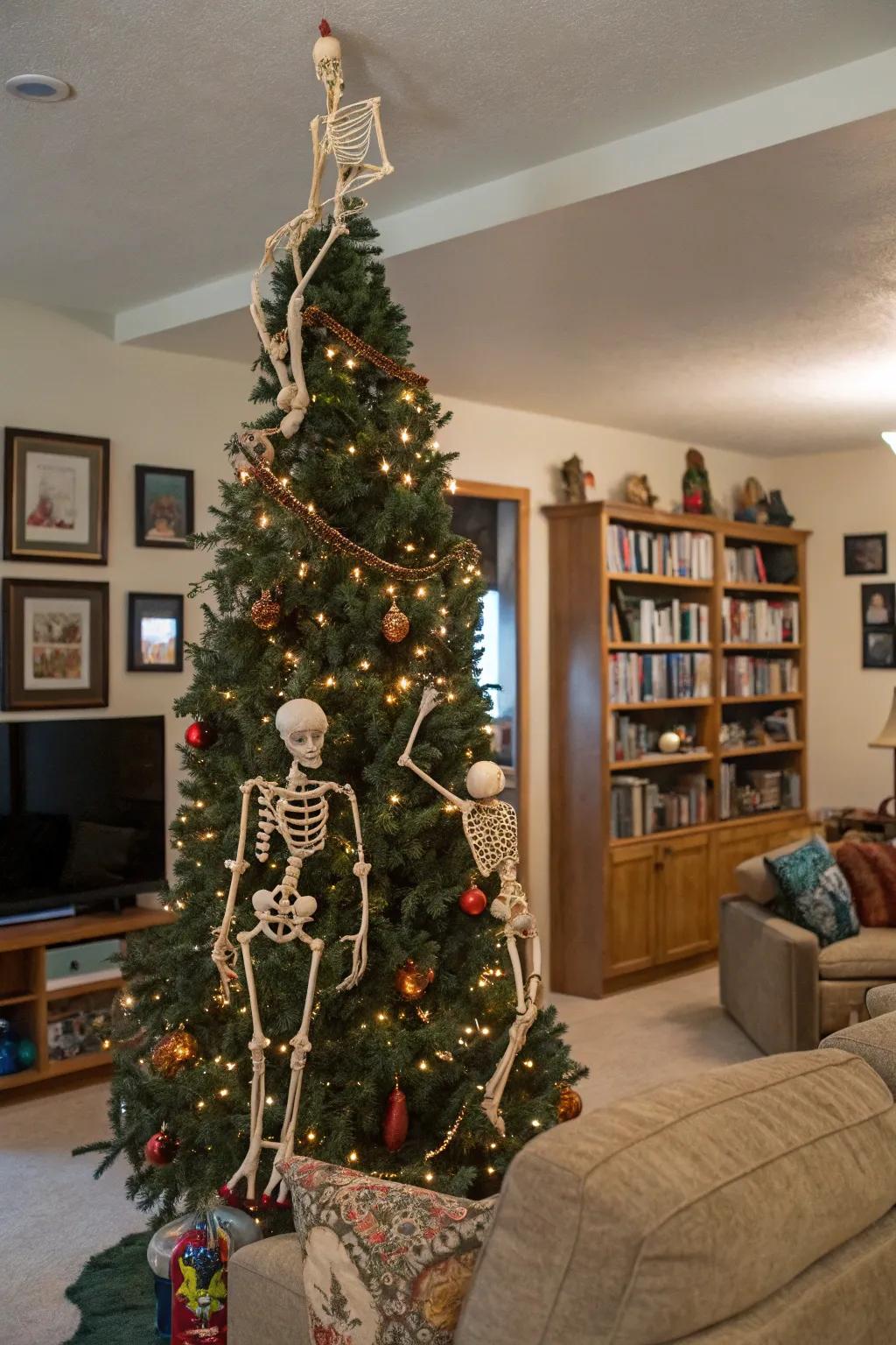 A delightful Halloween tree showcasing playful skeletal figures.