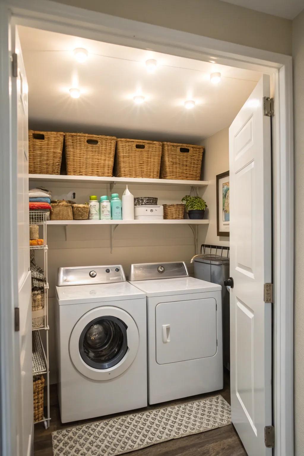 Bright lighting turns the laundry area into an inviting space.