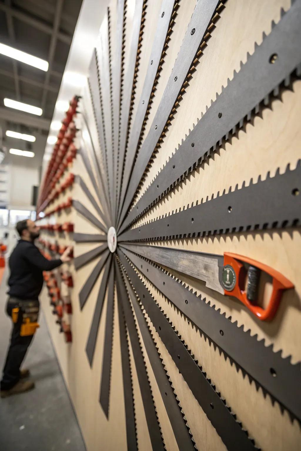 Handsaws arranged in a windmill design forming a standout piece.