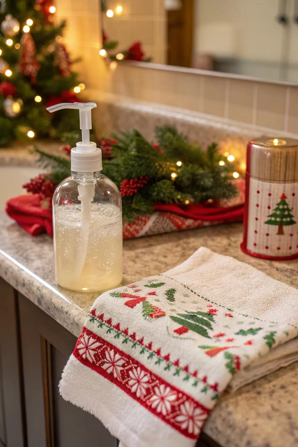 A merry combination of hand soap and a Yuletide napkin