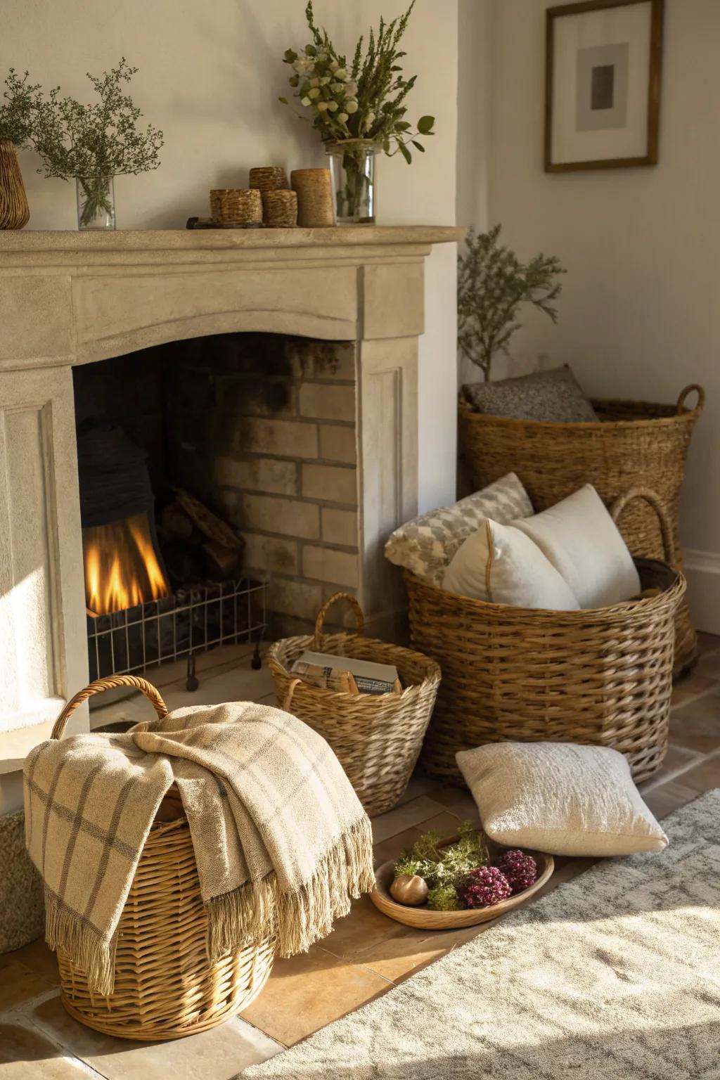 Textures and layers create a welcoming fireplace space.