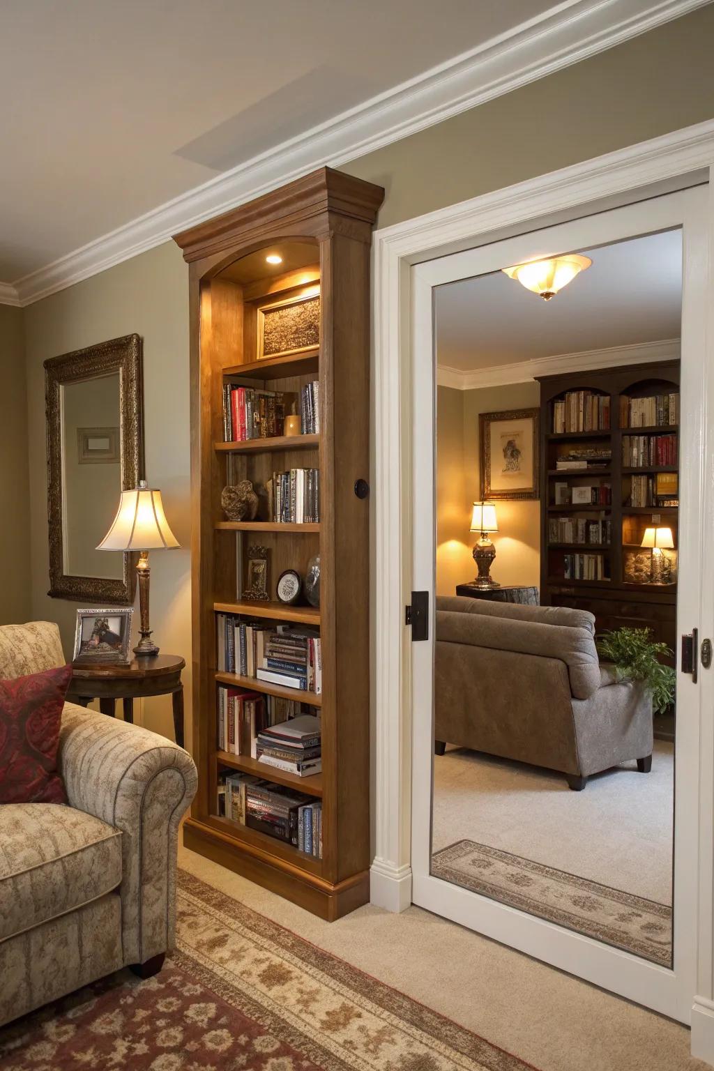 A bookshelf with a hidden mirror door ingeniously conceals a passageway.