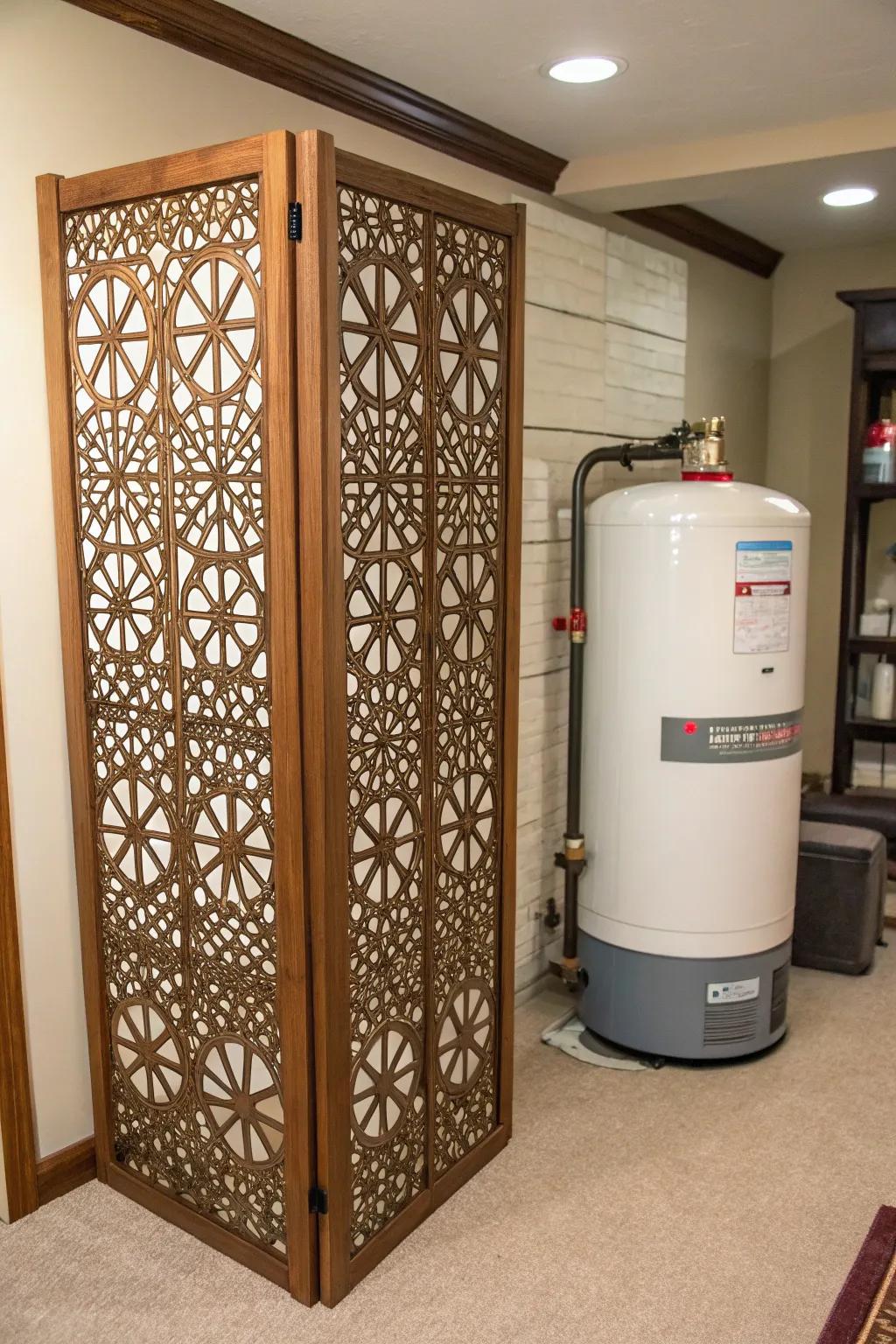A screen with geometric designs creatively concealing a water heater.