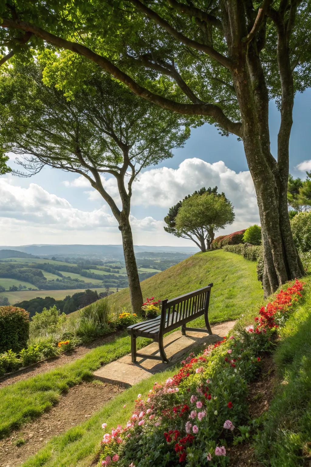 Useful spaces like a cozy relaxation spot enhance hillside gardens.