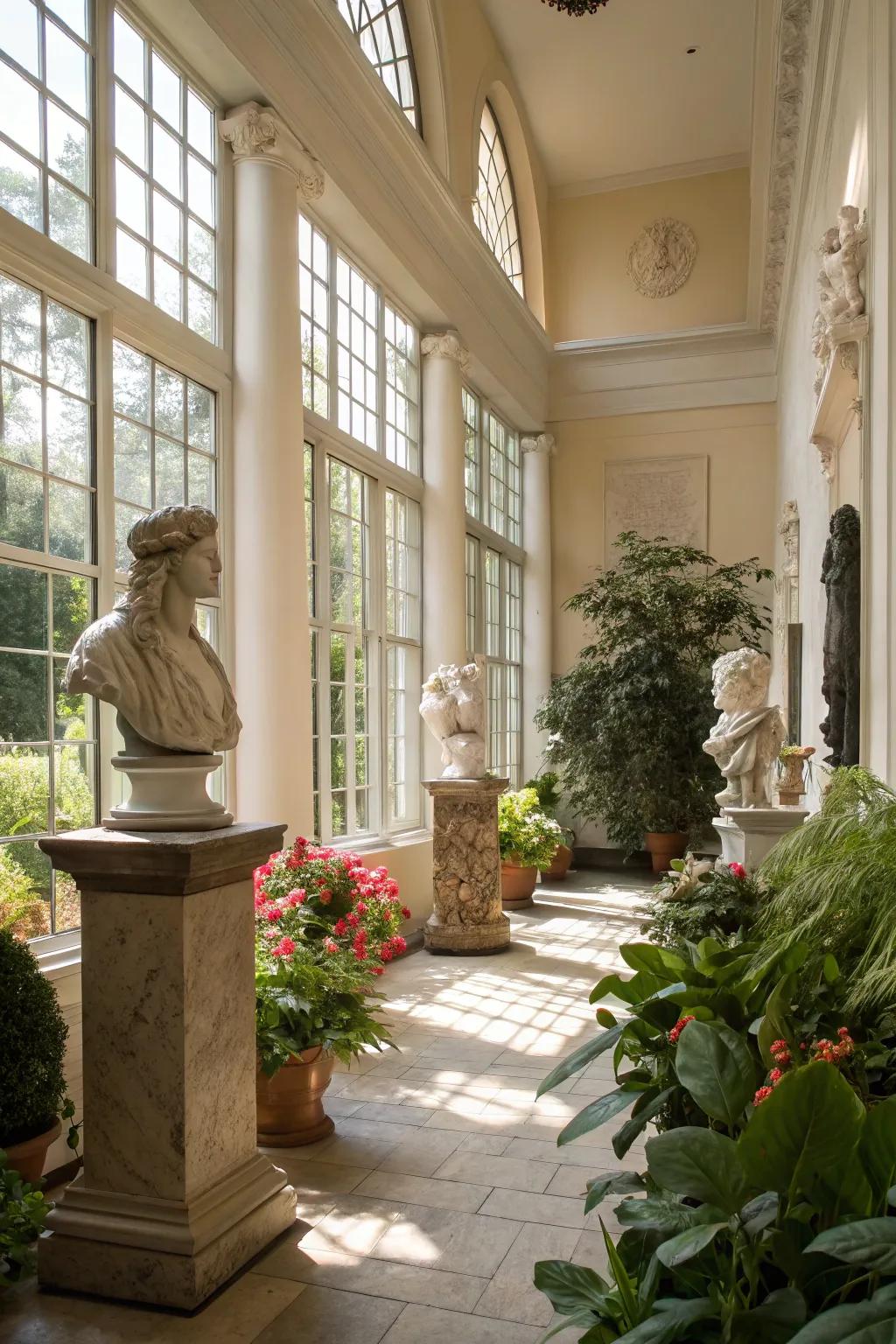 Creative sculptures adding flair and intrigue to a sun court.