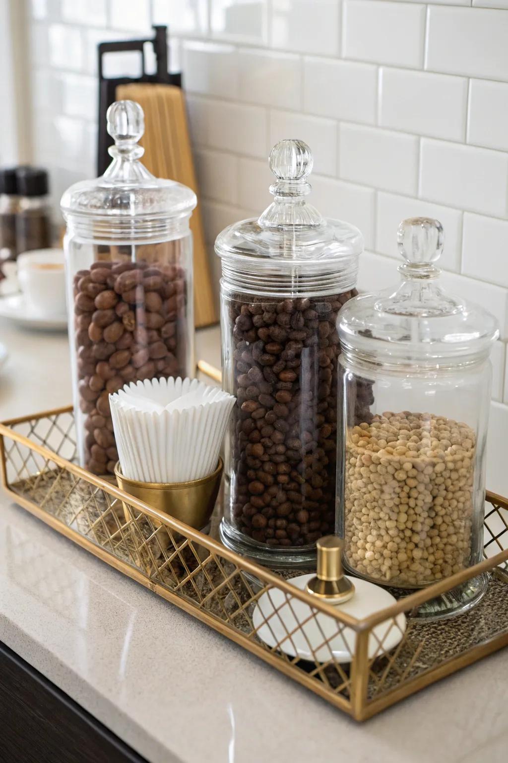 Sophisticated storage options keep your coffee station organized and stylish.