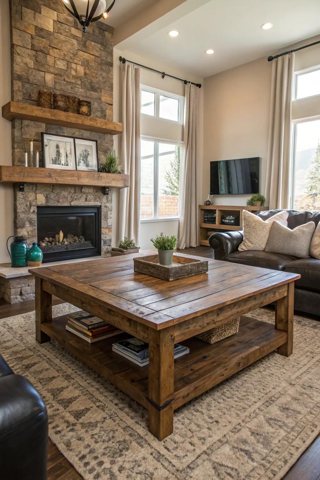 A modern living room featuring an old-fashioned salvaged wood coffee table.
