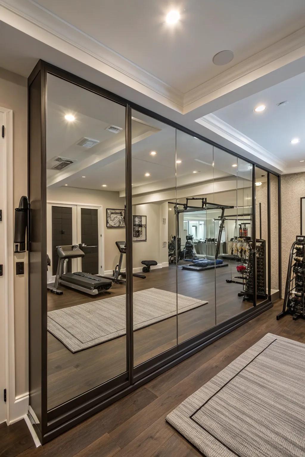 This gym has a distinctive design because to the segmented mirror panels.