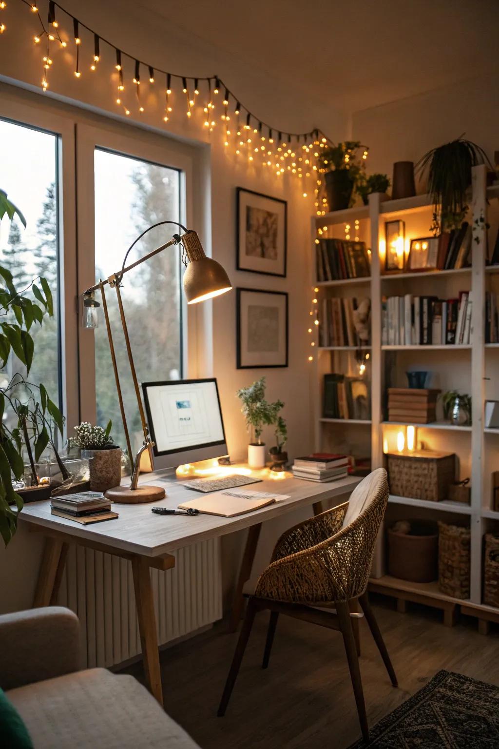 Gentle lighting crafts a cozy and inviting workspace.