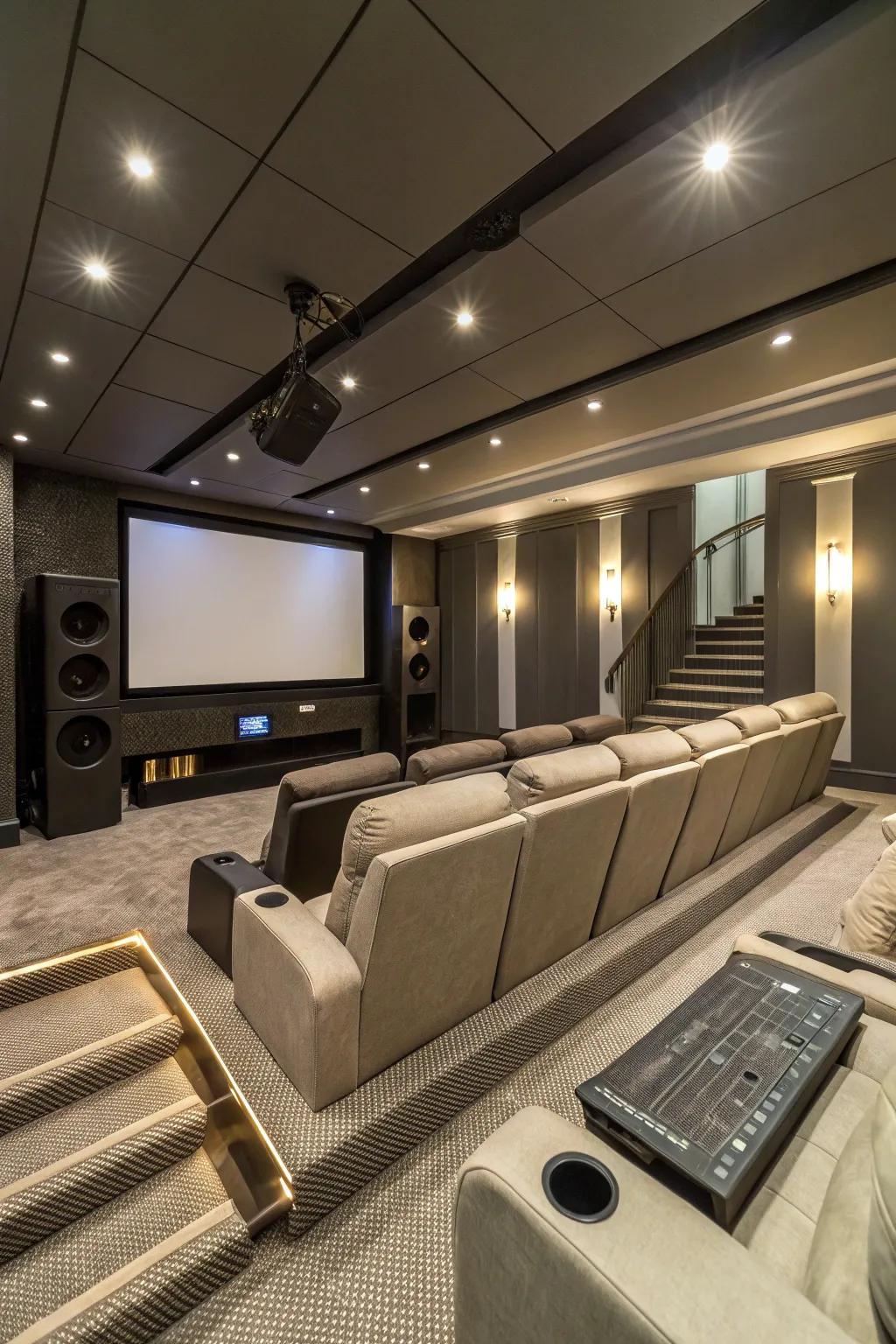 Integrated sound systems produce a stylish and all-enveloping theater design.