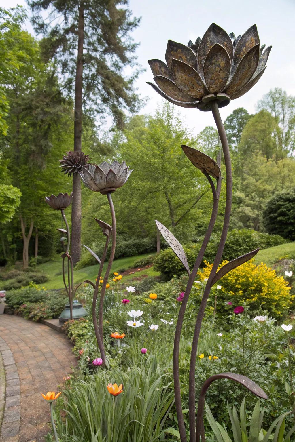 With metal flower sculptures, give your garden a hint of industrial chic.