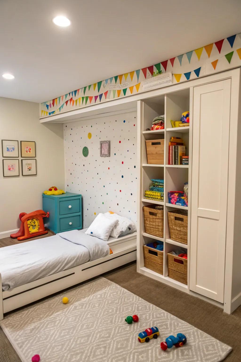 A playful kids' room featuring a compact foldaway bed, transforming into a fun play zone.
